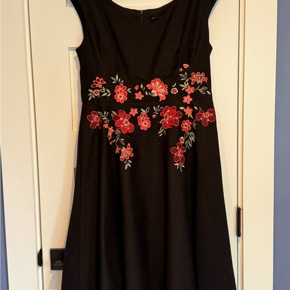 Karen Millen Black Dress with Red Floral Embroidery